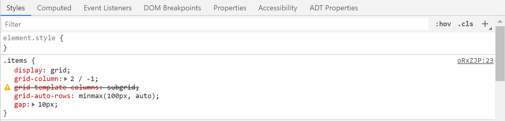 Image of browser DevTools with the grid-template-columns: subgrid crossed out as the subgrid value is not supported.