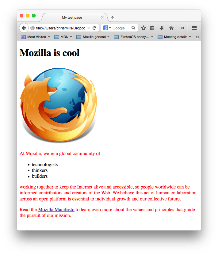 A Mozilla logo and some paragraphs. The paragraph text has been styled red by our css.