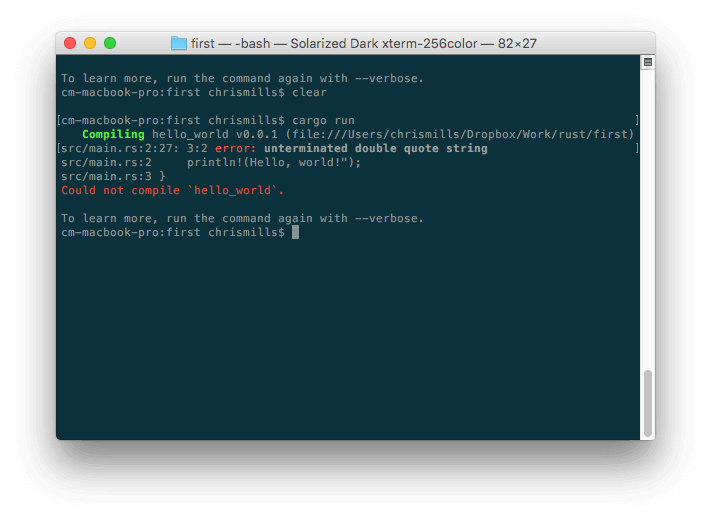 A console window showing the result of trying to compile a rust program with a missing quote around a string in a print statement. The error message reported is error: unterminated double quote string.