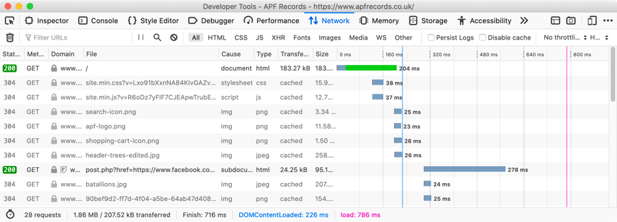 Firefox network monitor showing a list of assets that has loaded as well as load time per asset