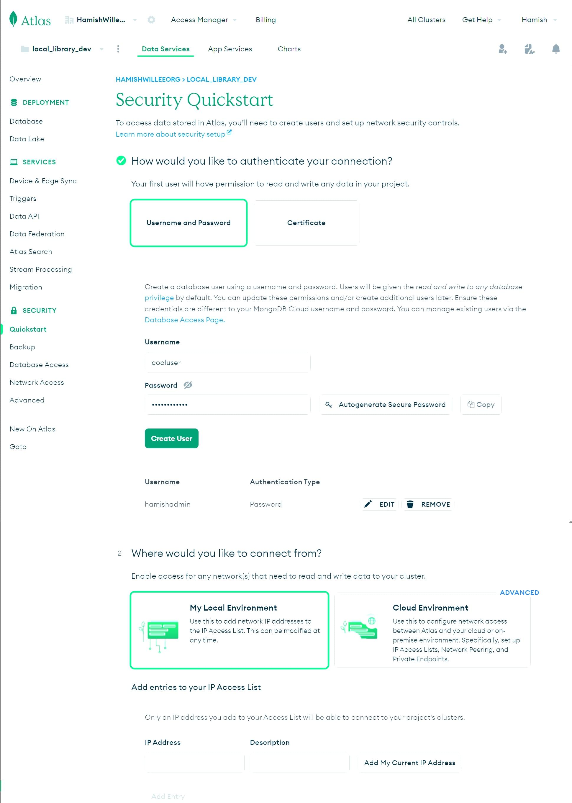 Set up the Access Rules on the Security Quickstart screen on MongoDB Atlas.