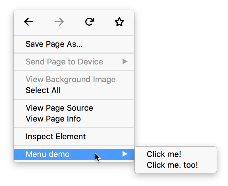 Context menu with two items labeled click me, and click me too!