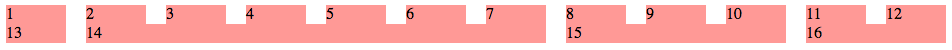CSS grid with 16 grid items spread across twelve columns and two rows. The top row has 12 equal-width grid items in 12 columns. The second row has different-sized grid items. Item 13 spans 1 column, item 14 spans six columns, 15 spans three, and 16 spans two.