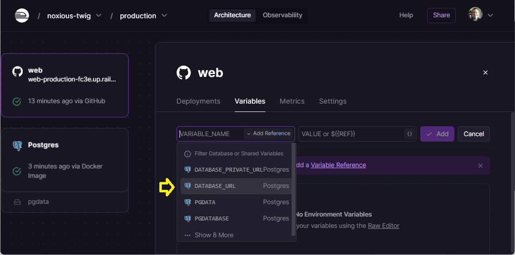 Railway website screen selecting a DATABASE_URL