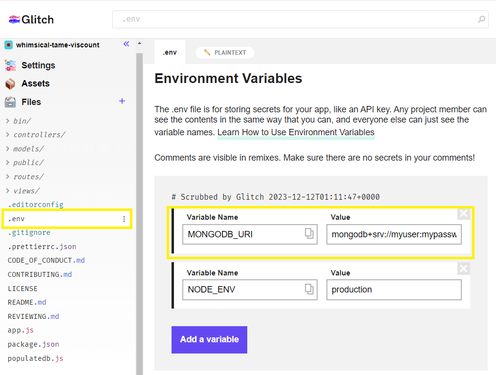 Glitch .env file editor for private data with production variables