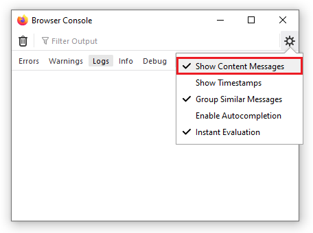 Browser console menu: Show Content Messages
