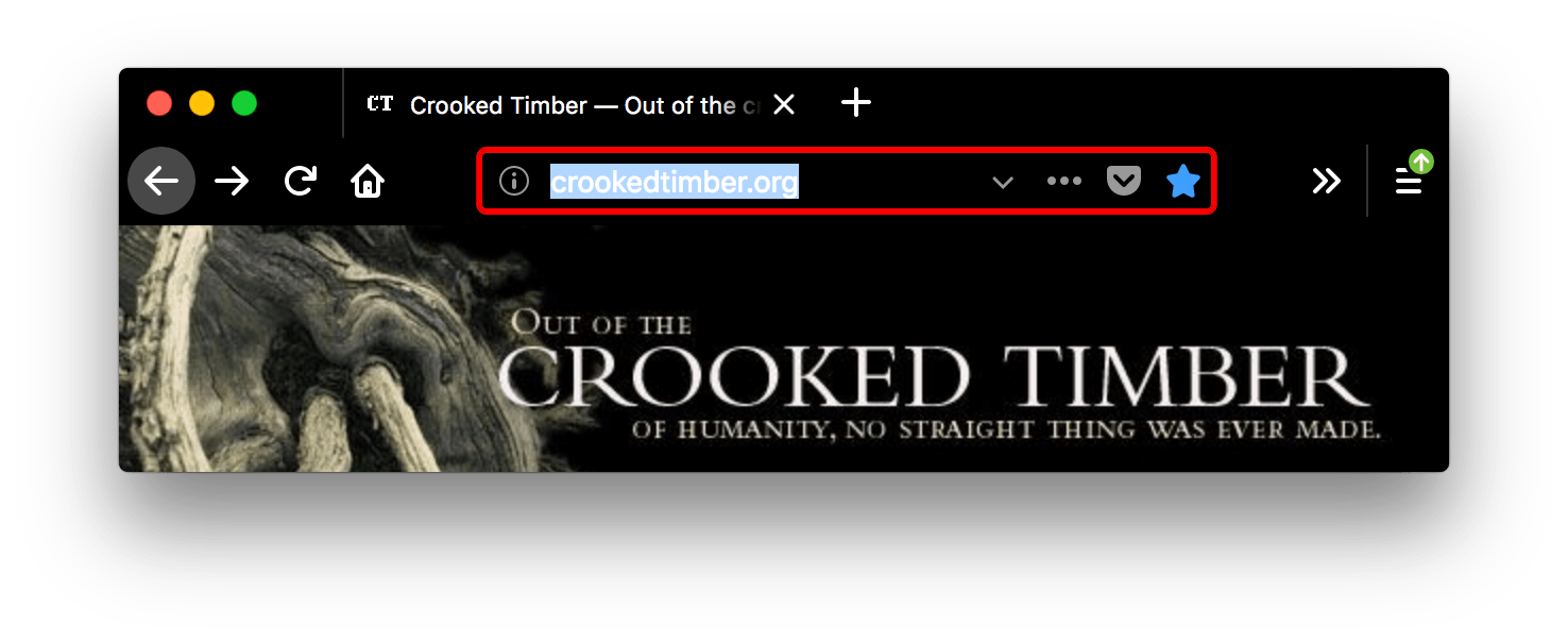 Browser firefox is black. Browser's tab and URL bar are black with white text and icons. The url bar field is focused and outlined in red.