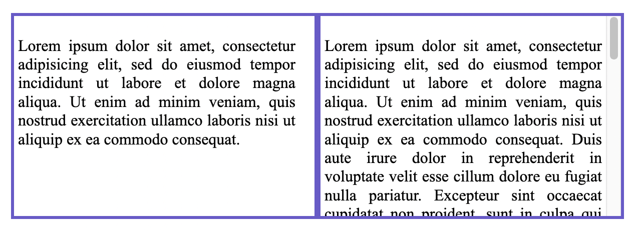 Two adjacent divs containing text, both with space for a scrollbar