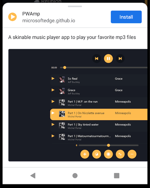 Install prompt for PWAmp on Android